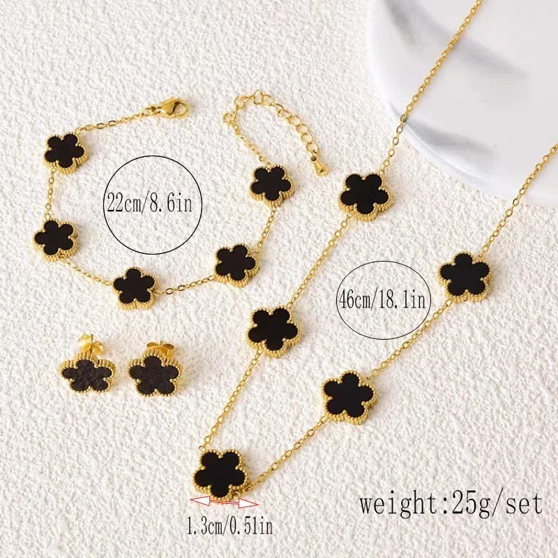 4PC Clover Necklace, Bracelet, Earring set white leaf Plant Five Leaf Flower Set
