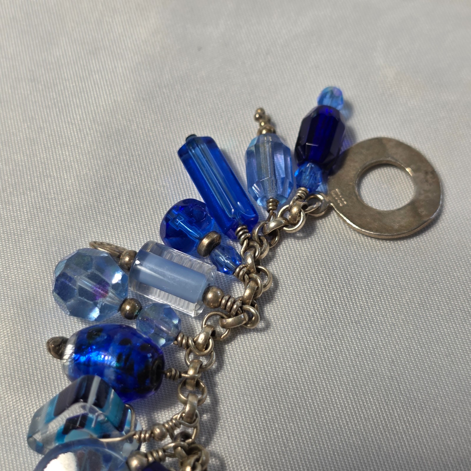 925 Sterling Silver Beaded Dangle Bracelet Cobalt Blue & Light Blue Glass Beads
