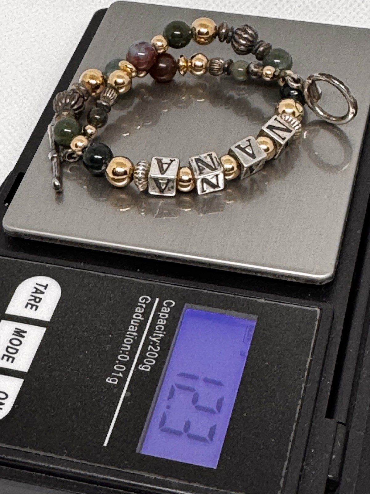 Vintage Sterling Silver NANA Bracelet 8.5” 22.4g Natural Jade Beads Toggle