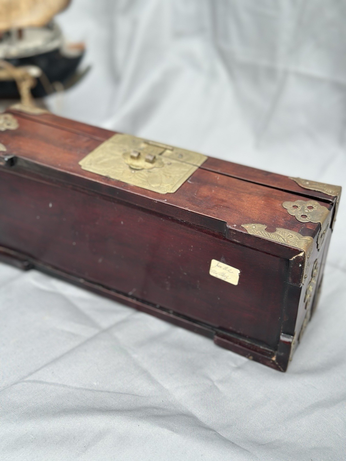 Wood Jewelry Box w/ Metal Hardware, Red Fabric Lined Interior, Asian Theme