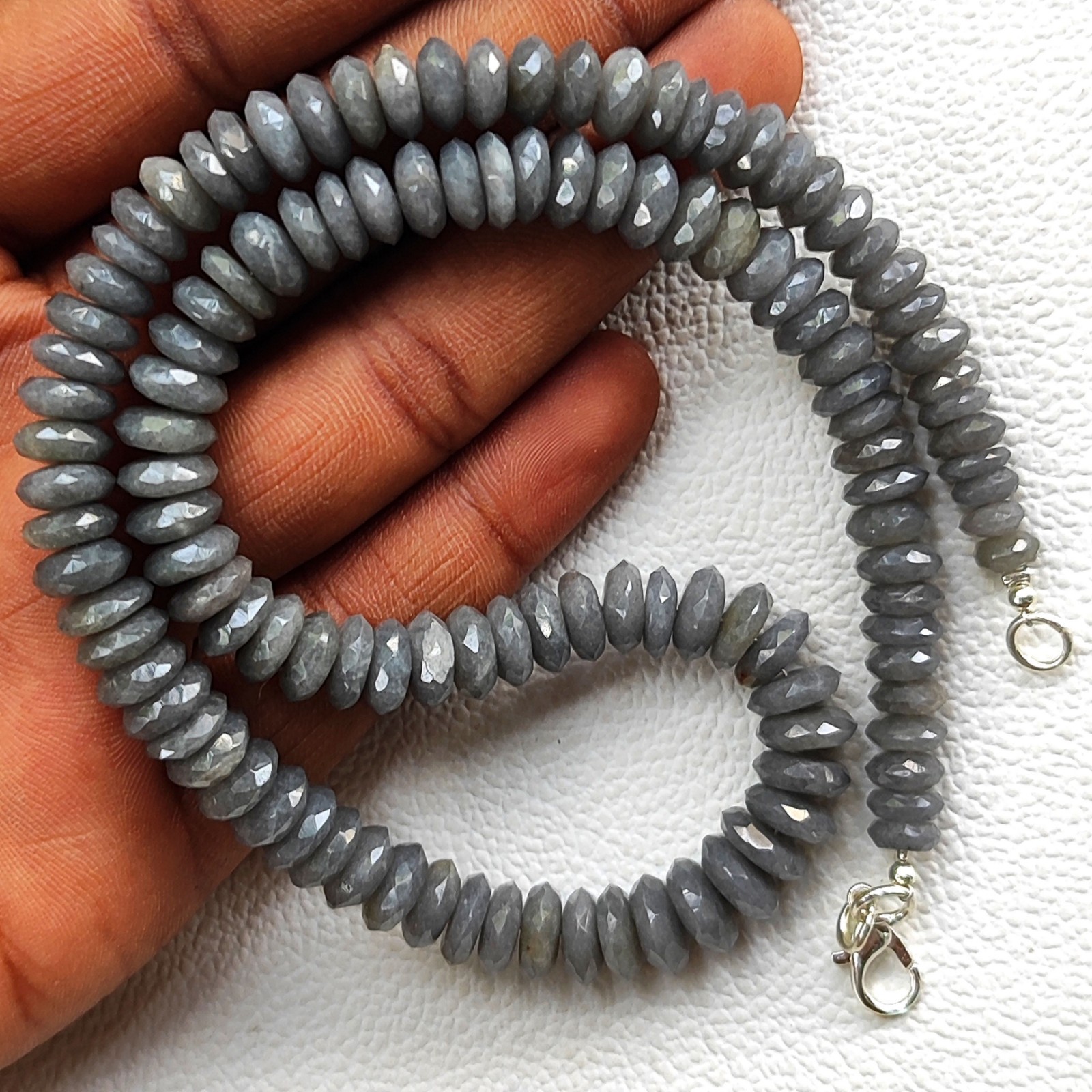 16.5″ Natural Grey Moonstone Gemstone Necklace 7-9mm Faceted German Cut Beads