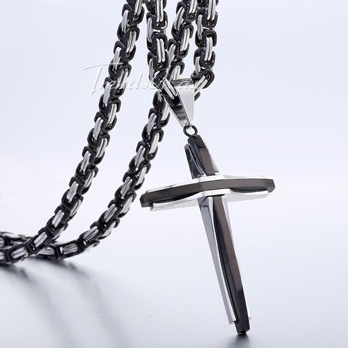 18-30″ Men Boys Black Stainless Steel Cross Pendant Necklace Byzantine Box Chain