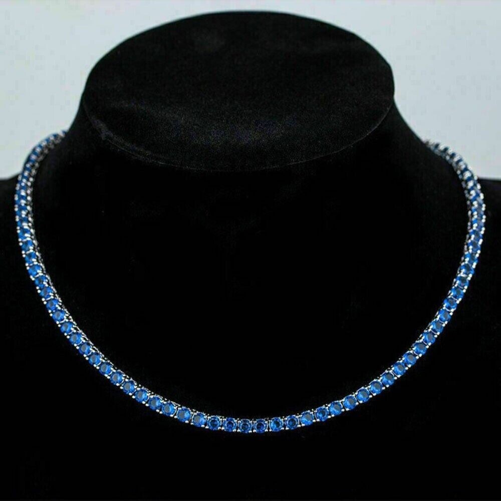 Solid 925 Silver, 4mm Simulated Blue Sapphire Women’s Tennis Necklace in 18″