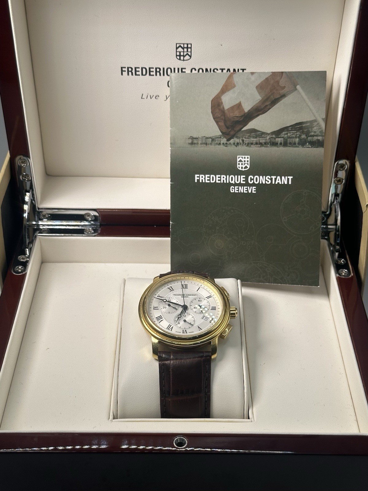 Frederique Constant Quartz Chronograph Watch Gold Tone FC-292X4P4/5/6 Box Papers