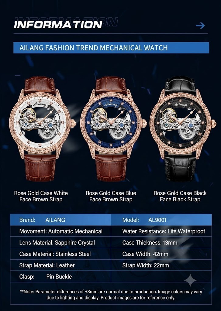 AILANG Men’s Automatic Mechanical Wristwatch Bridge Skeleton Sapphire Luminous