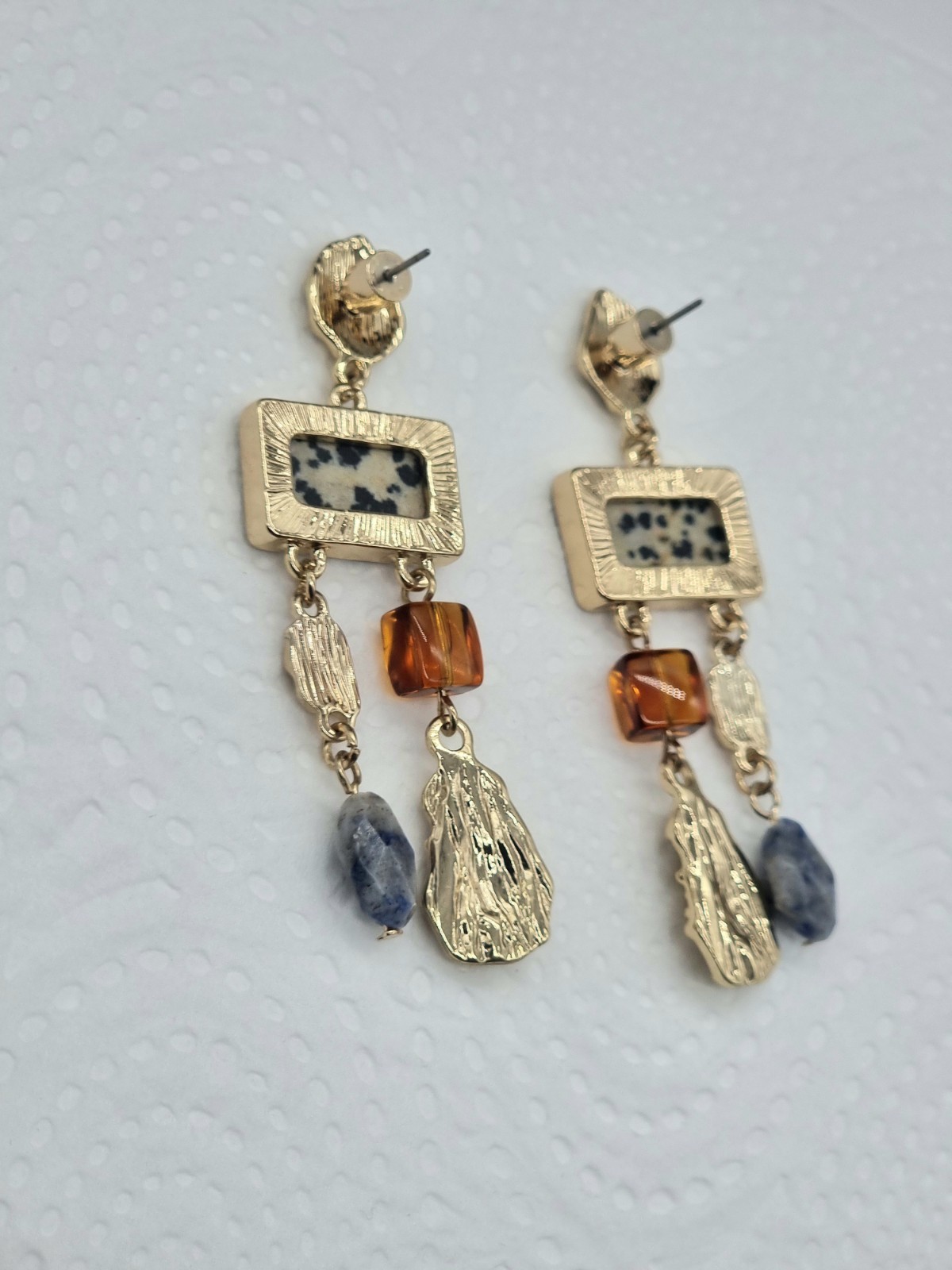 Per Una M&S Multi-Stone Chandelier Drop Earrings Dalmatian Jasper Sodalite 7cm