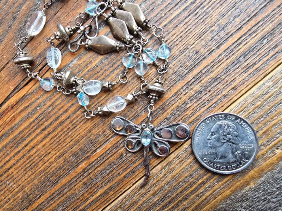 Vintage Artisan Sterling Silver Dragonfly Necklace Blue Topaz/Quartz 20.69g