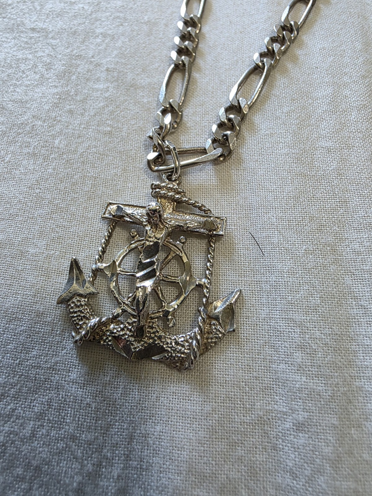 Silver Tone Figaro Chain Nautical Anchor Charm Pendant Necklace, Lobster