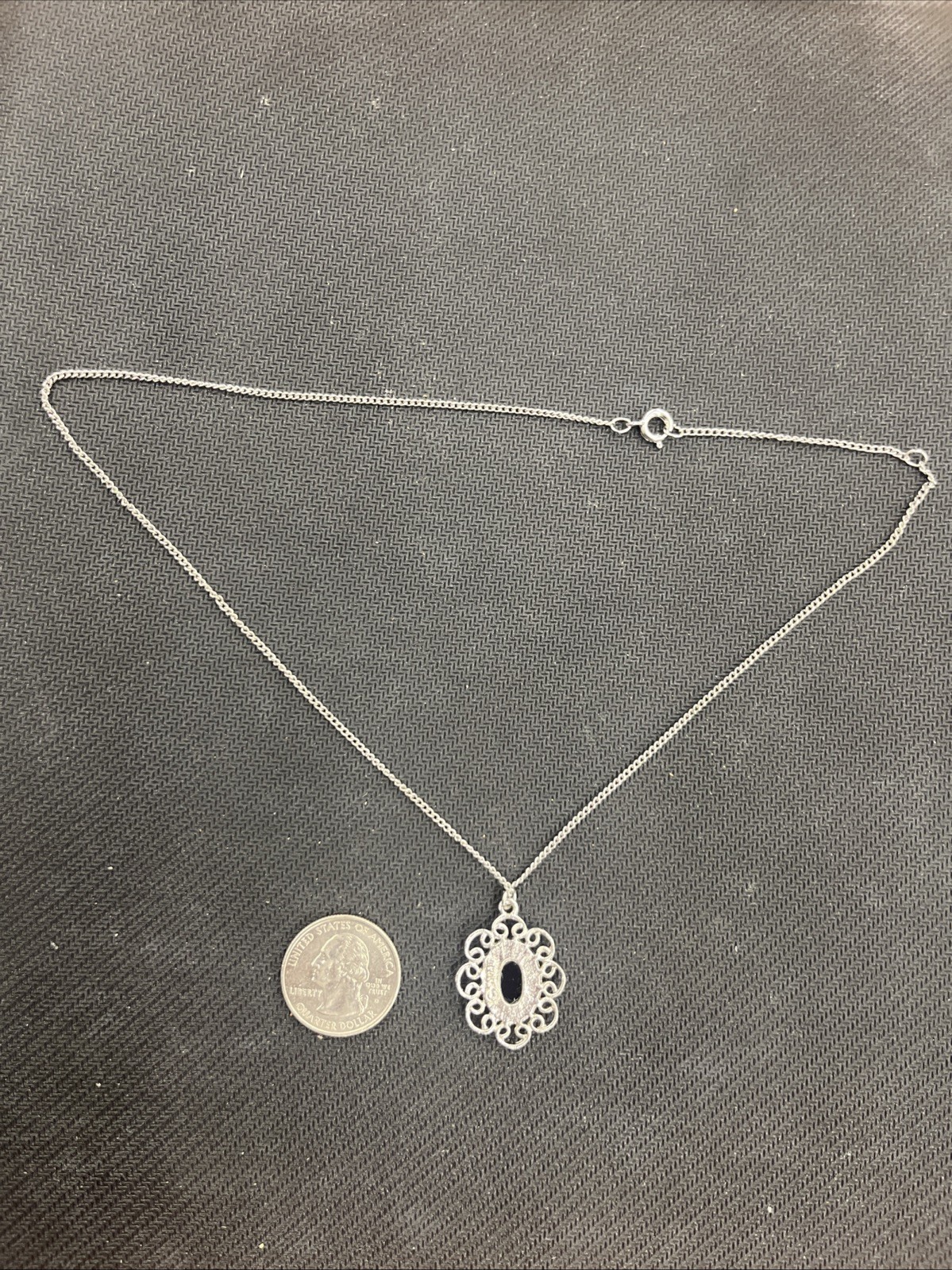 Silver Colored Necklace With Black Pendant 18 Inch Vintage NOS