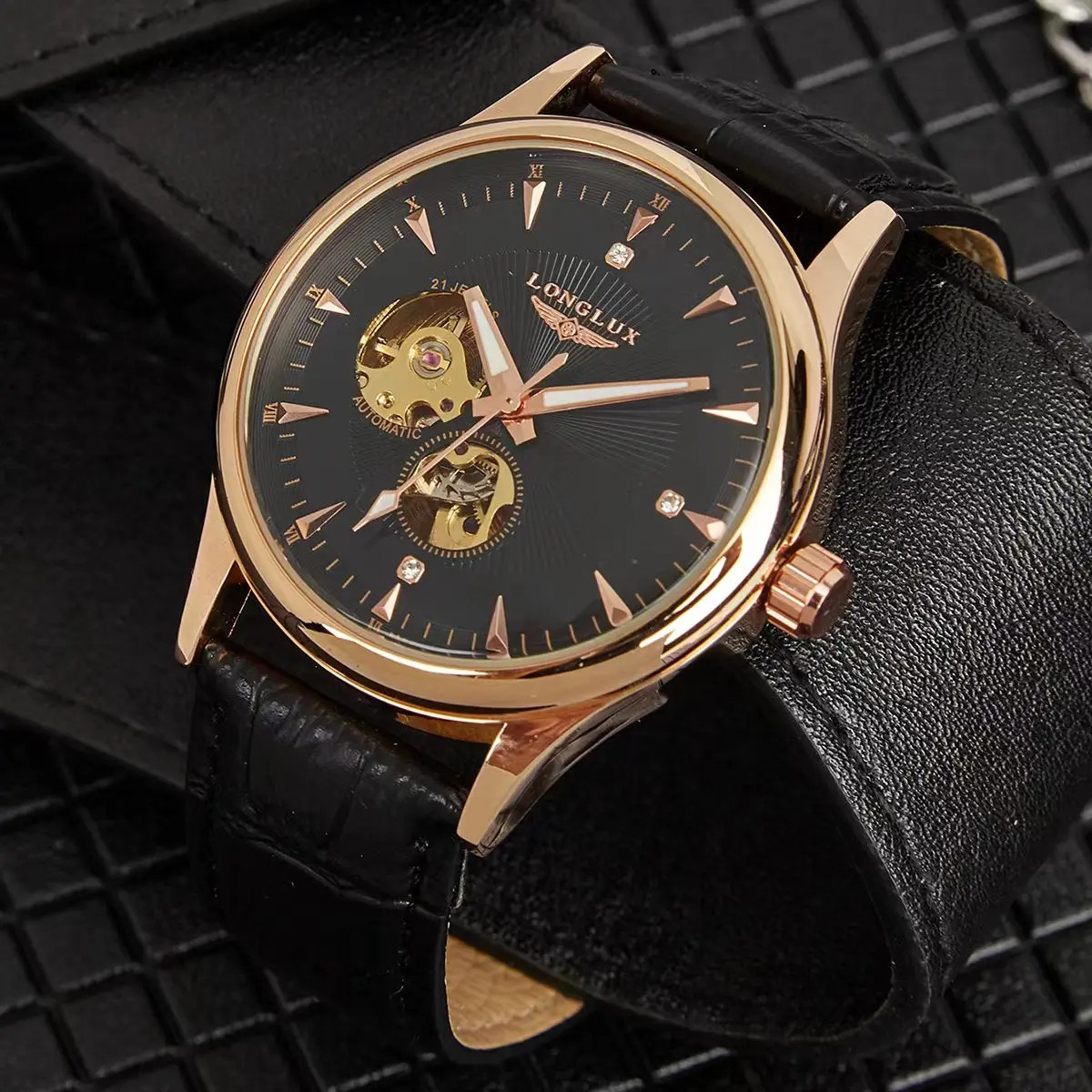 LONGLUX Men’s Automatic Skeleton Watch Roman Numerals Leather Waterproof