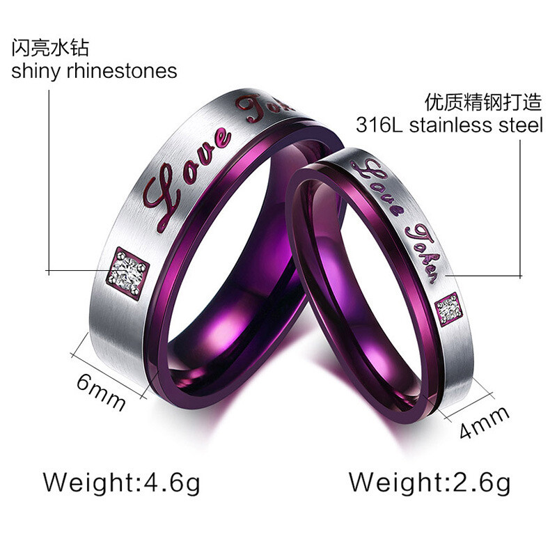 Simple Fashion Stainless Steel Purple Inlaid Diamond Couple Ring Jewelry Gift