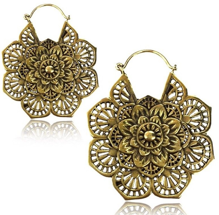 PAIR 18g (1MM) MANDALA FLOWER 2″ INCH POLISHED BRASS PLUGS EARRINGS GAUGES