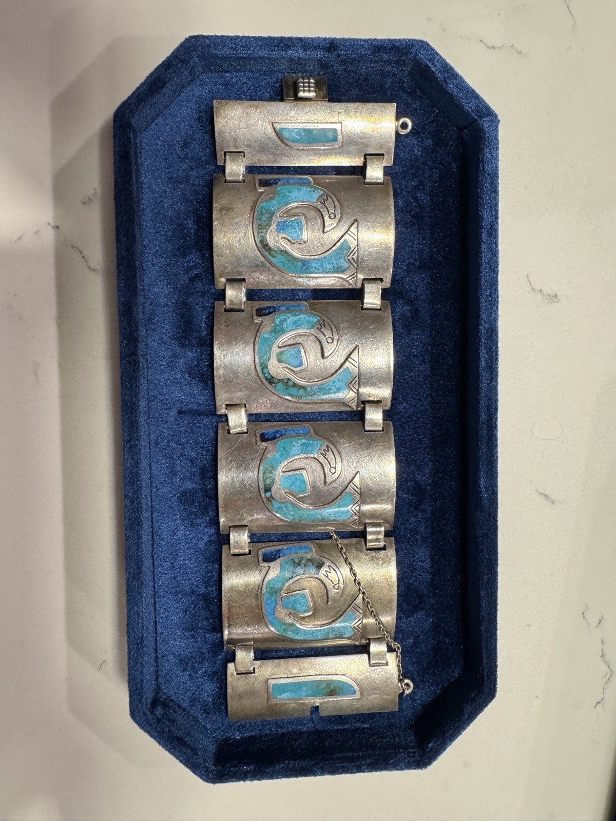 Graziella Laffi Peru 925 Sterling Turquoise Enamel Bird Panel Bracelet 119g