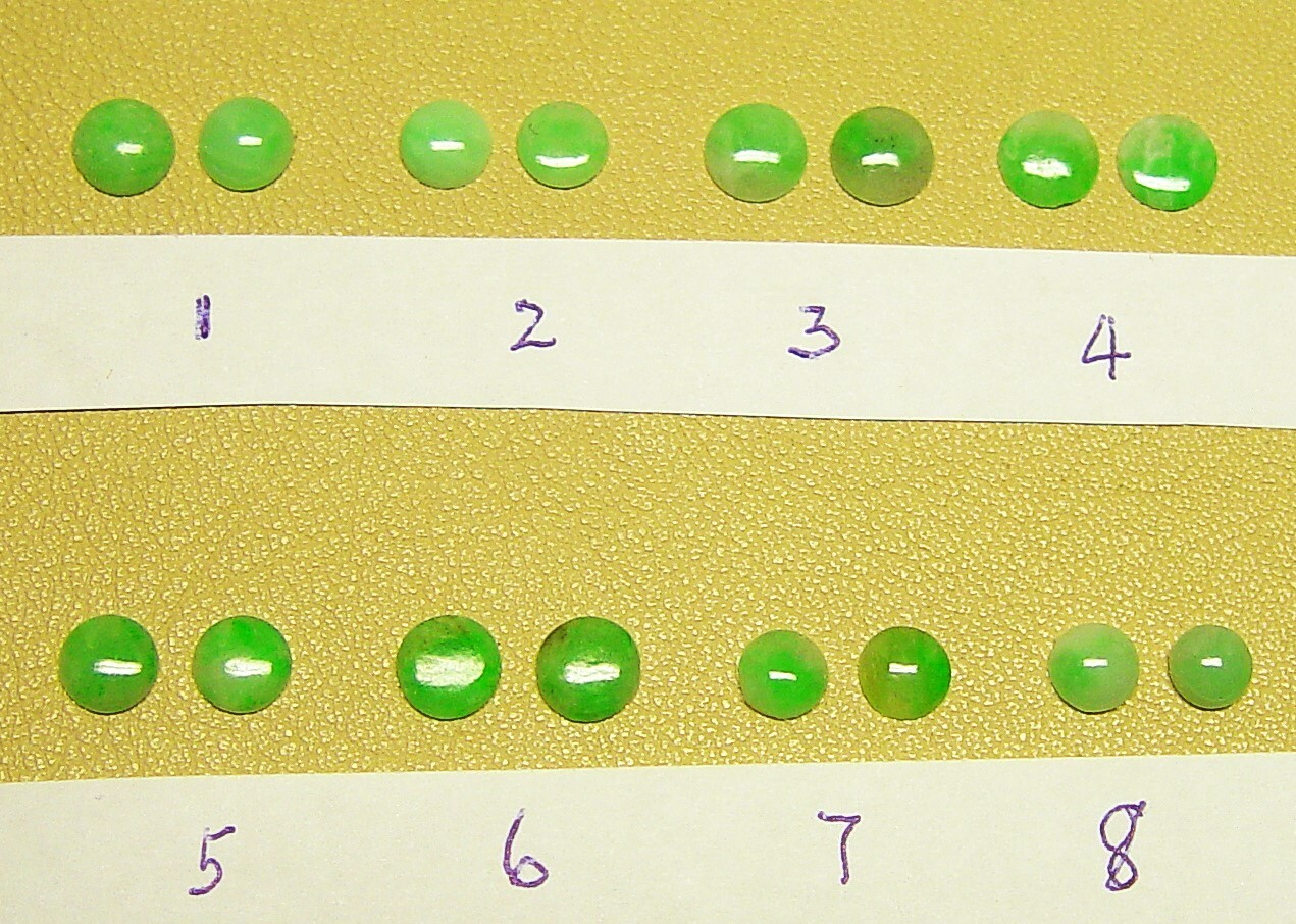 Jade round cabochons green color approximately 6 mm 8 pairs of similar grades
