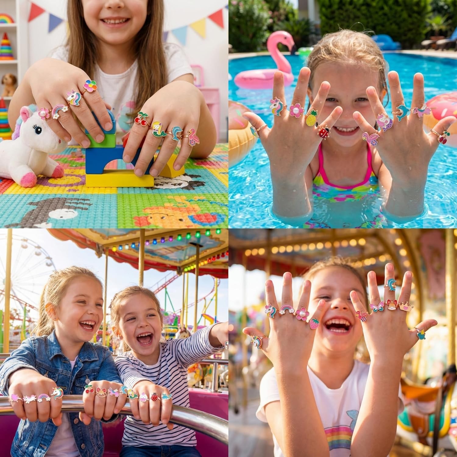 36Pcs Little Girl Adjustable Gem Rings Set Kids Dress Up Jewelry Birthday Gifts