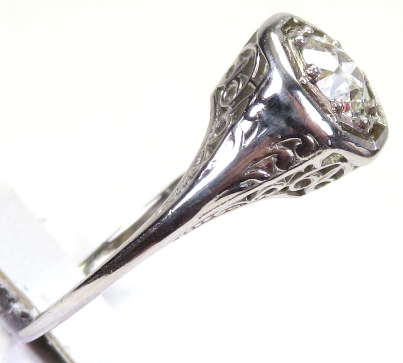 Antique Art Deco Diamond Engagement 18K White Gold Ring Size 6.5 UK-M1/2 EGL USA