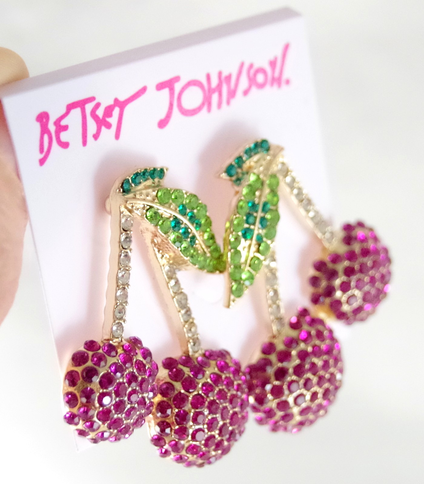 1 5/8″ NWOT BETSEY JOHNSON CRYSTAL RHINESTONE CHERRY FRUIT/ CHERRIES EARRINGS