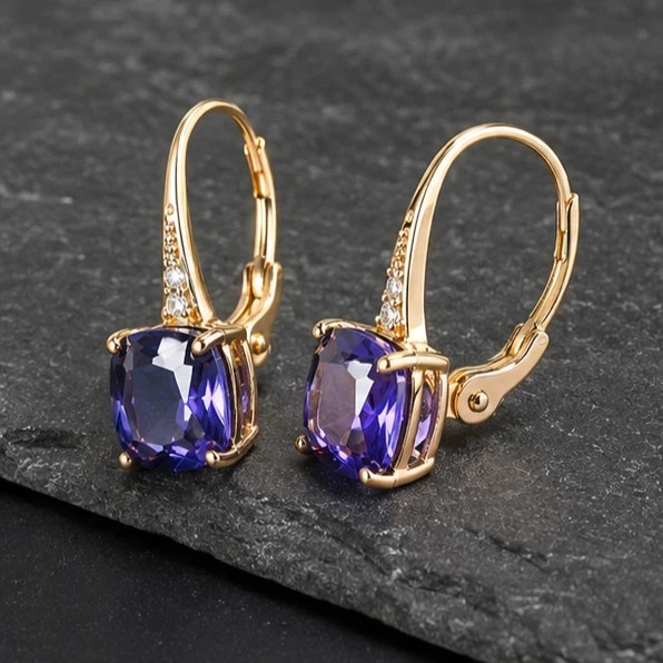 Cushion Cut Lab Created Tanzanite Women’s Hoop Earring in 14k Yellow Gold Plated