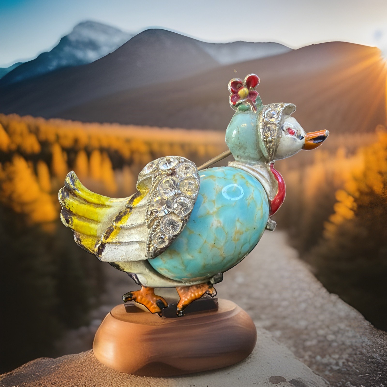 Vintage Coro Duck Broch Mottled Blue Glass ,Rhinestone Wings Enamel Feet 1 3/4