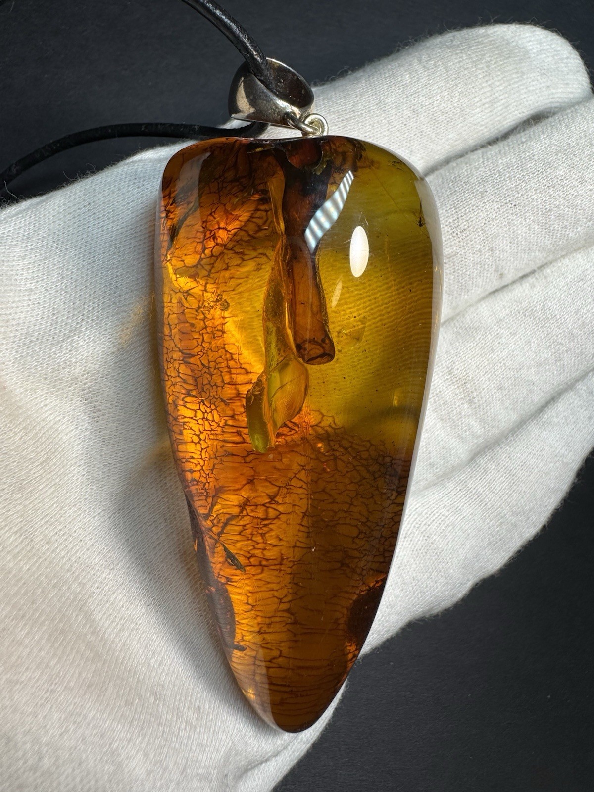 Natural Baltic amber pendant with plant inclusions, Sterling Silver Bail- 38.3g