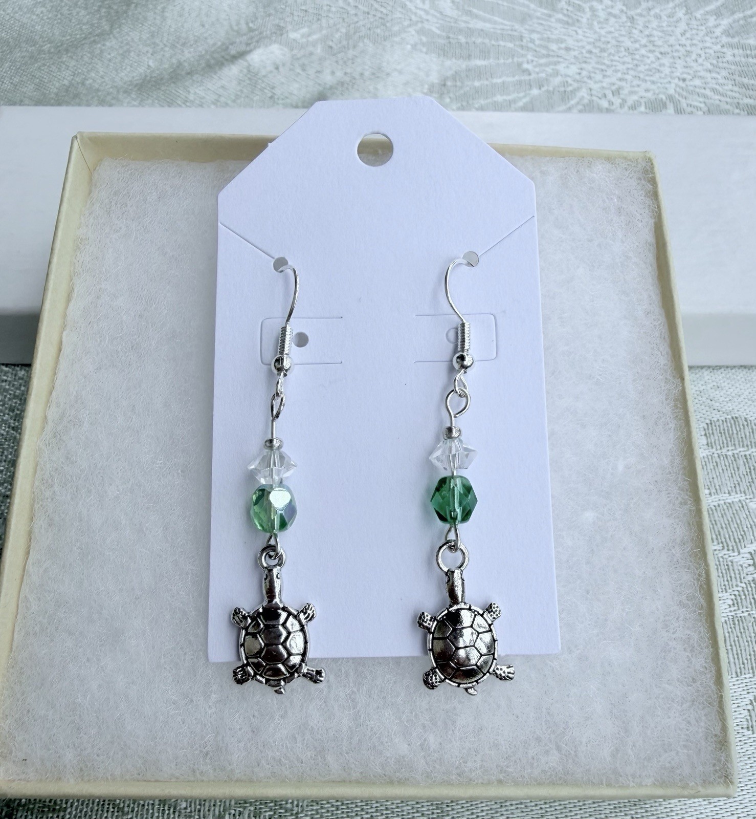 Silver Turtle Earrings With Green And Clear Crystals Dangling Pierce Earrings