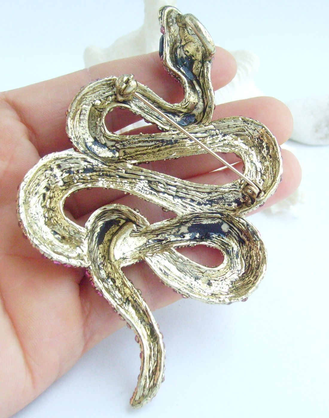 Unique 3.94″ Pink Rhinestone Crystal Snake Animal Brooch Pin Pendant 05847C7