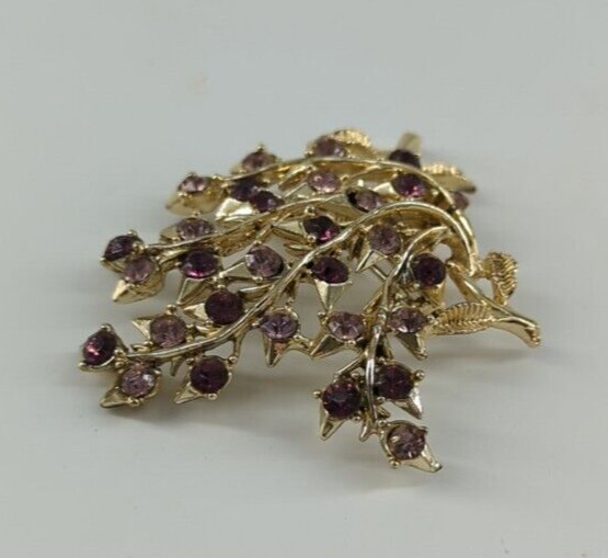 Brooch Branches & Leaves Purple & Pink Crystal Rhinestones Vintage Jewelry