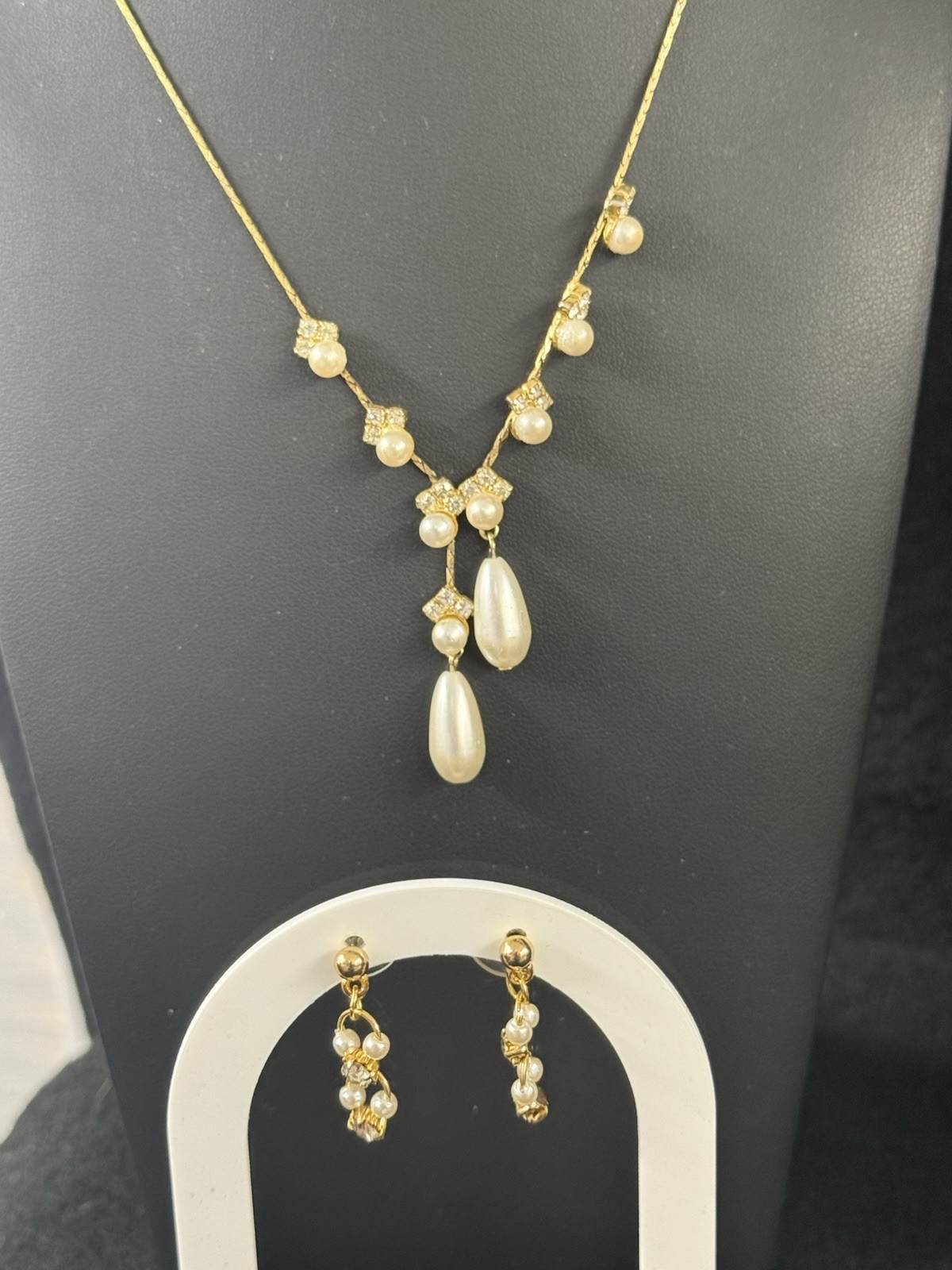 Vintage Rhinestone And Teardrop Faux Pearl Necklace And Dangle Earrings
