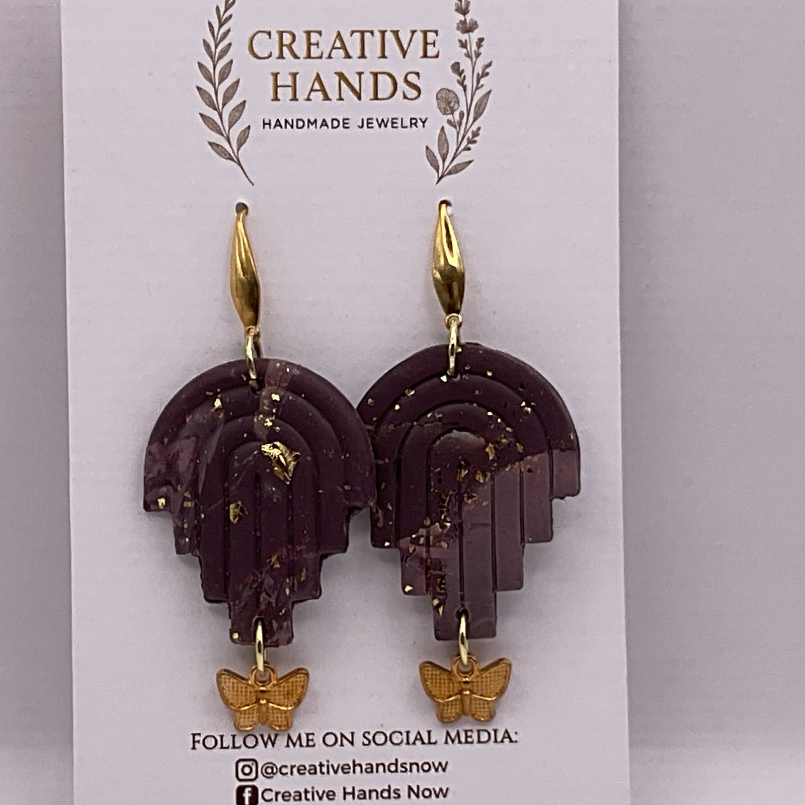 Handmade Burgundy Art Deco Arch Butterfly Earrings Gold Flake Statement Jewelry