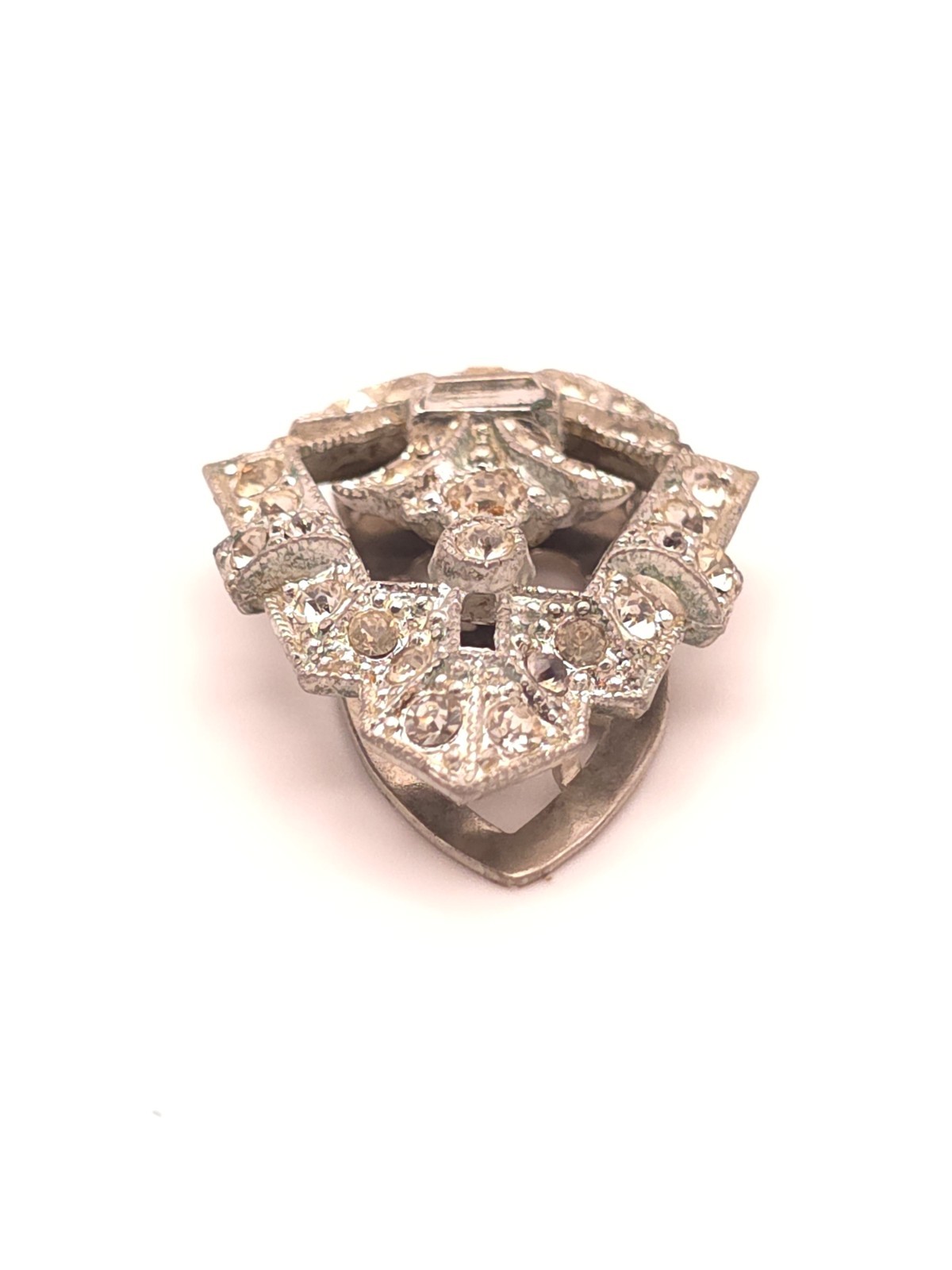 Vintage Art Deco Silver Tone Shield Dress Clip, Clear Round Simulated Rhinestone