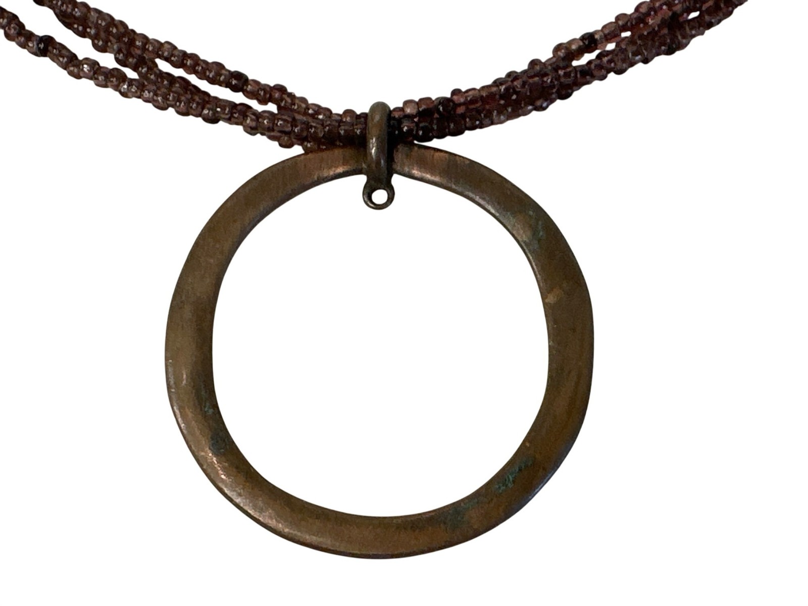 Seed Beaded Necklace Bronze-Tone Circle Pendant Boho Artsy Choker 17″