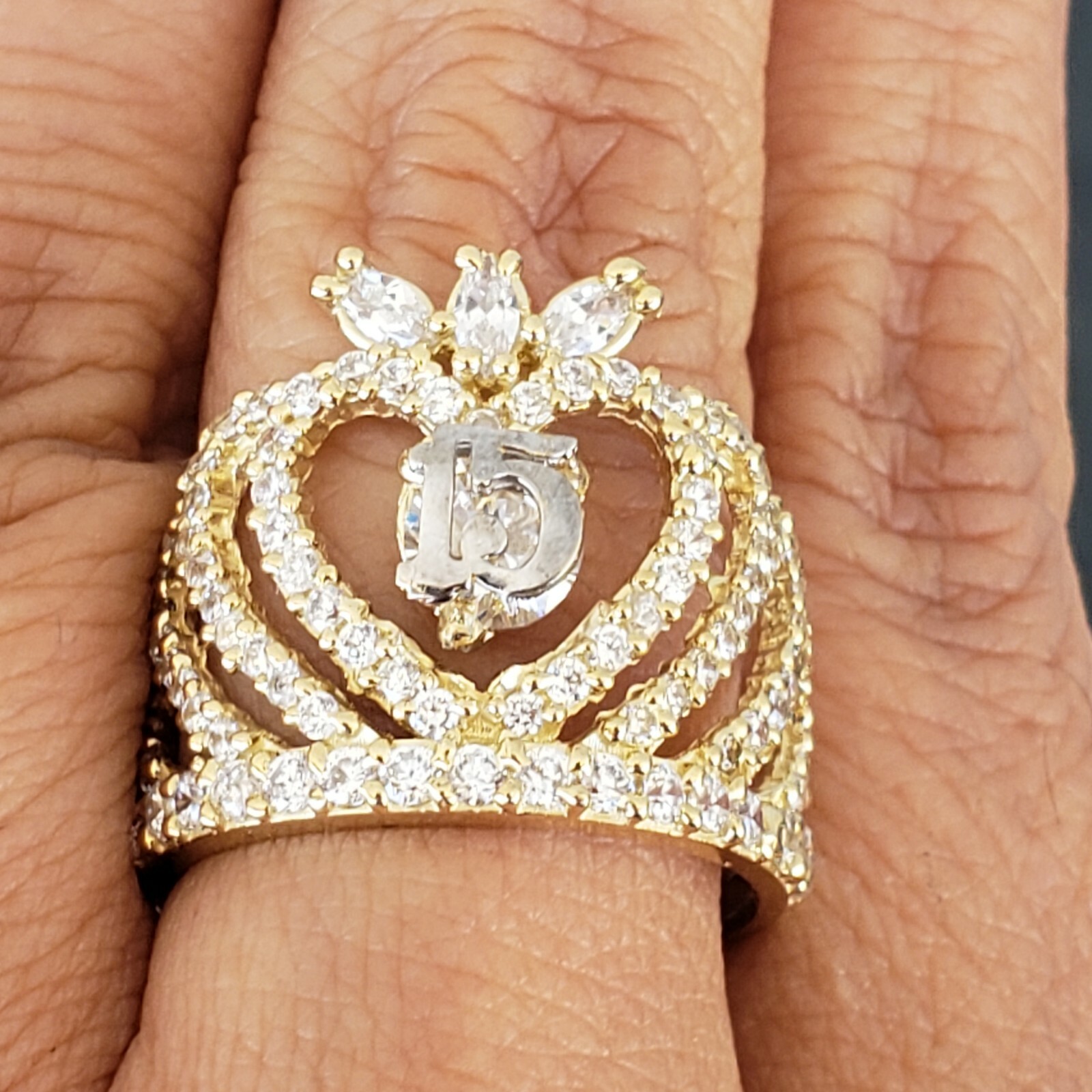 Big 10k yellow gold quinceanera 15 crown ring size 5 6 7 8 9 10 womans