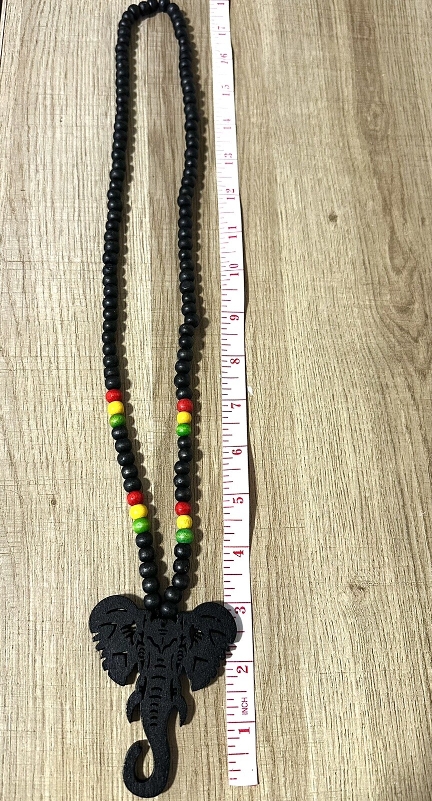 Handcrafted Wooden Elephant Head Necklace with Rasta Accent Beads – 30” Length