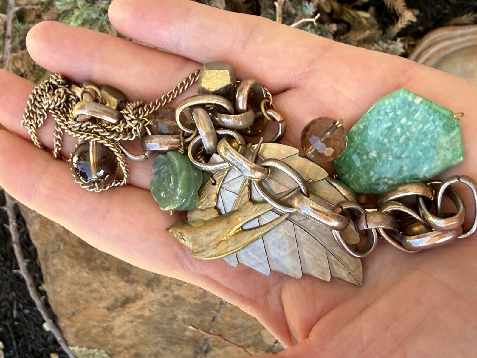 Artisan Boutique Mixed Media Antique Gold Plated Charm Necklace Very Cool!