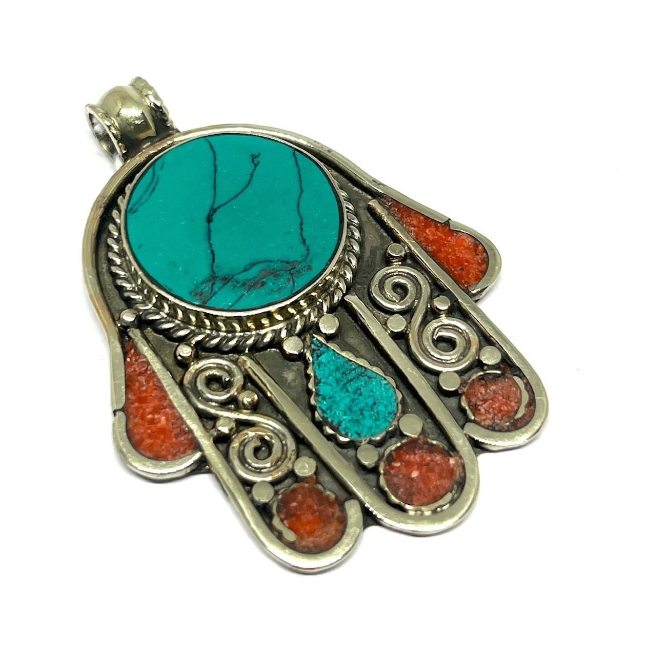 Vintage Turquoise Coral Gemstone Tibetan Buddhist Pendant Jewelry, 2.5 inch