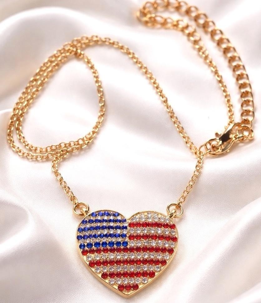 NEW PATRIOTIC FLAG HEART NECKLACE SILVERTONE OR GOLDTONE CRYSTALS FREE SHIPPING