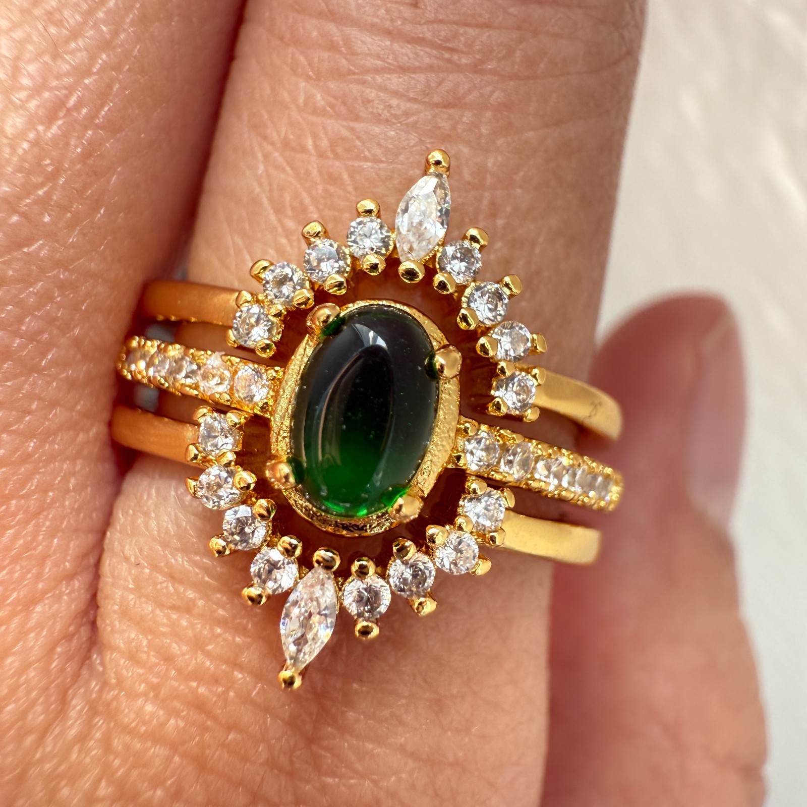 925 Sterling Silver Ring 3in1 6x4mm Green Natural Emerald Gemstone Zircon Flower
