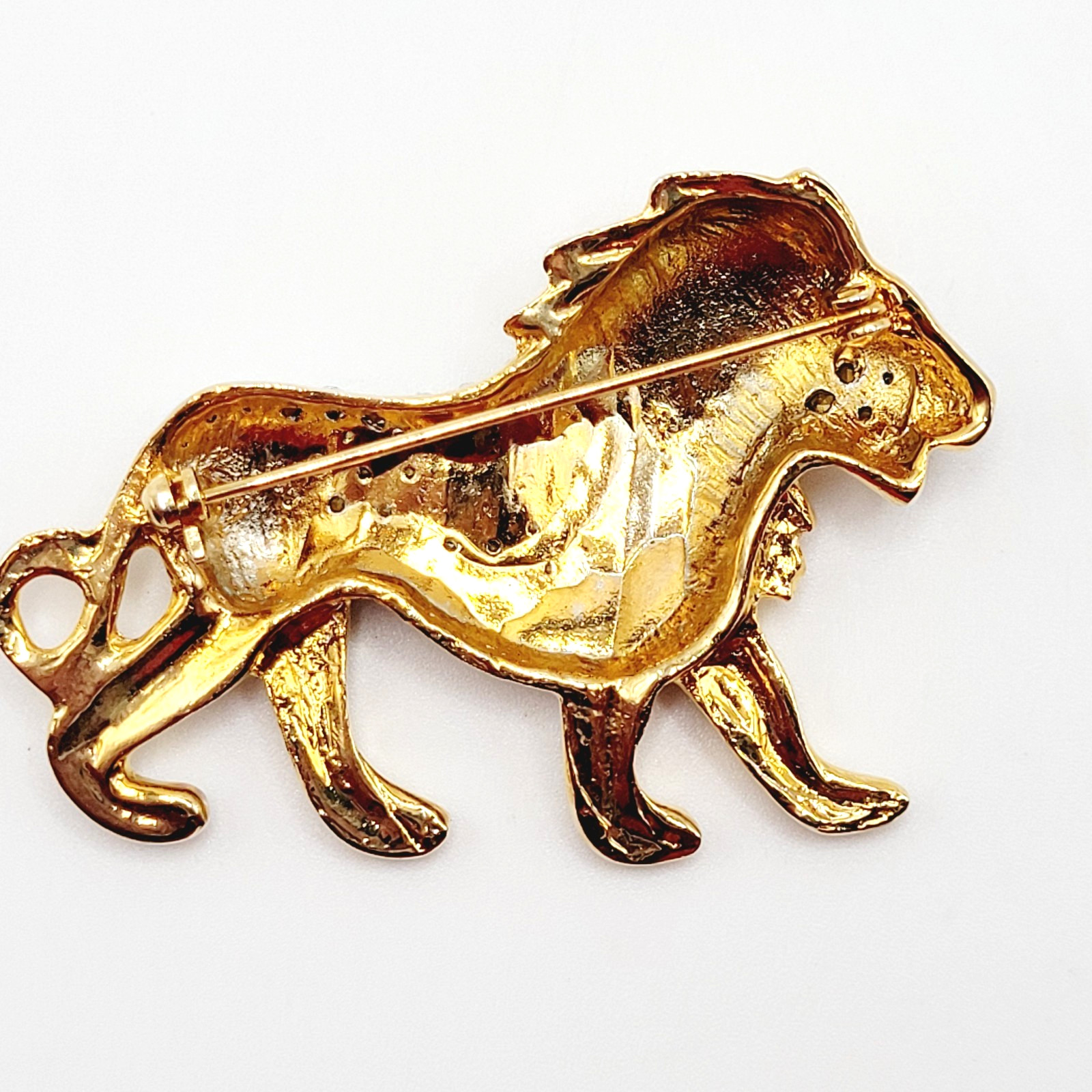 Lion Walking Curled Tail Green Eye Pave Sparkling Crystal Gold Tone Vtg Brooch