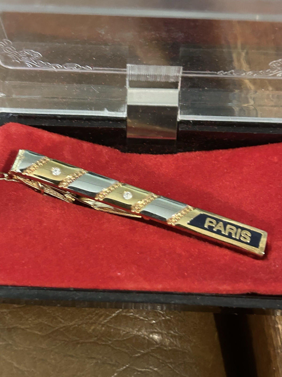 Vintage Two Tone Gold & Silver Color PARIS Tie Bar Clip With Chain