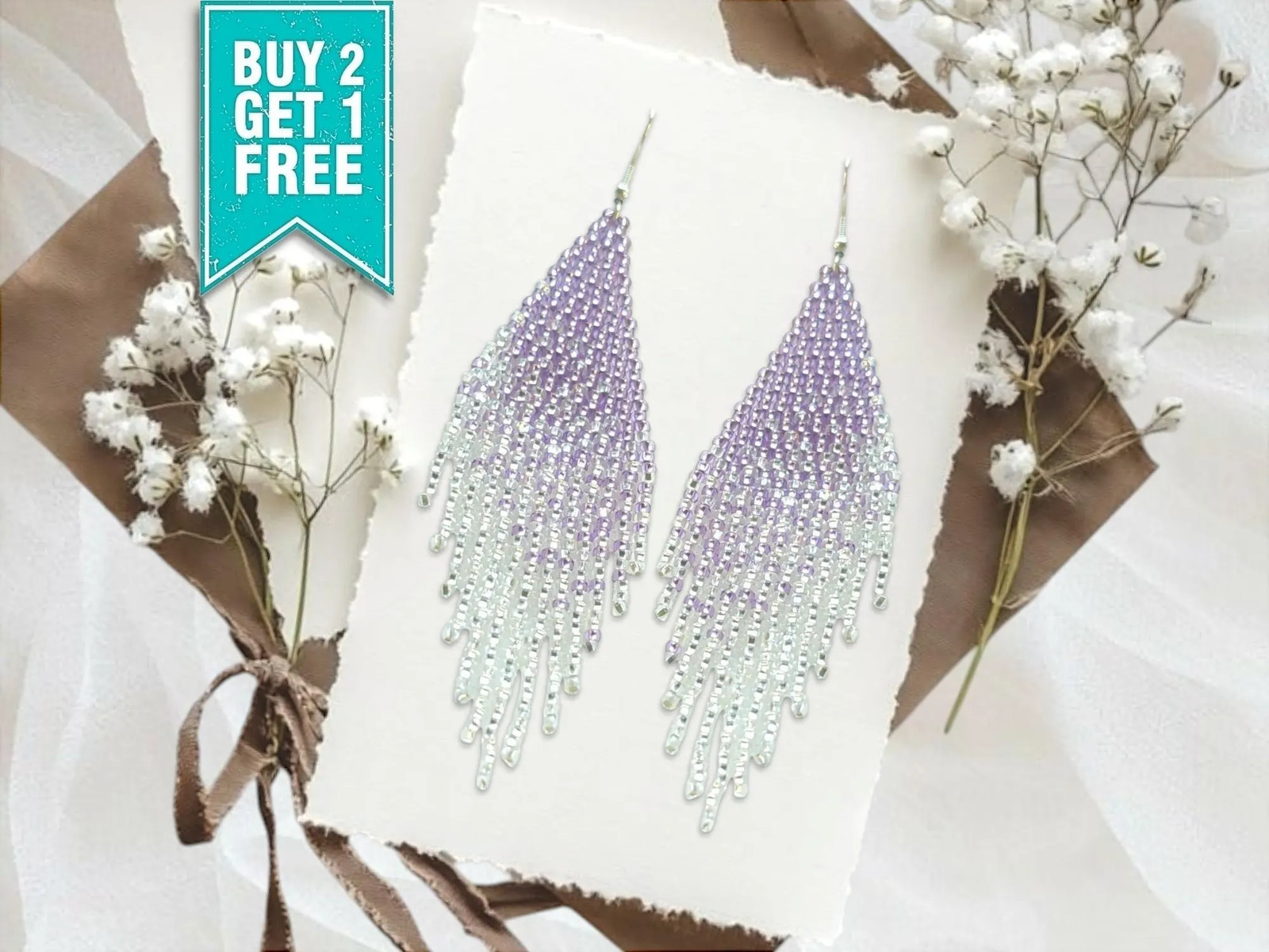 Ombre Beaded Fringe Earrings: Purple Silver Boho Dangle Jewelry