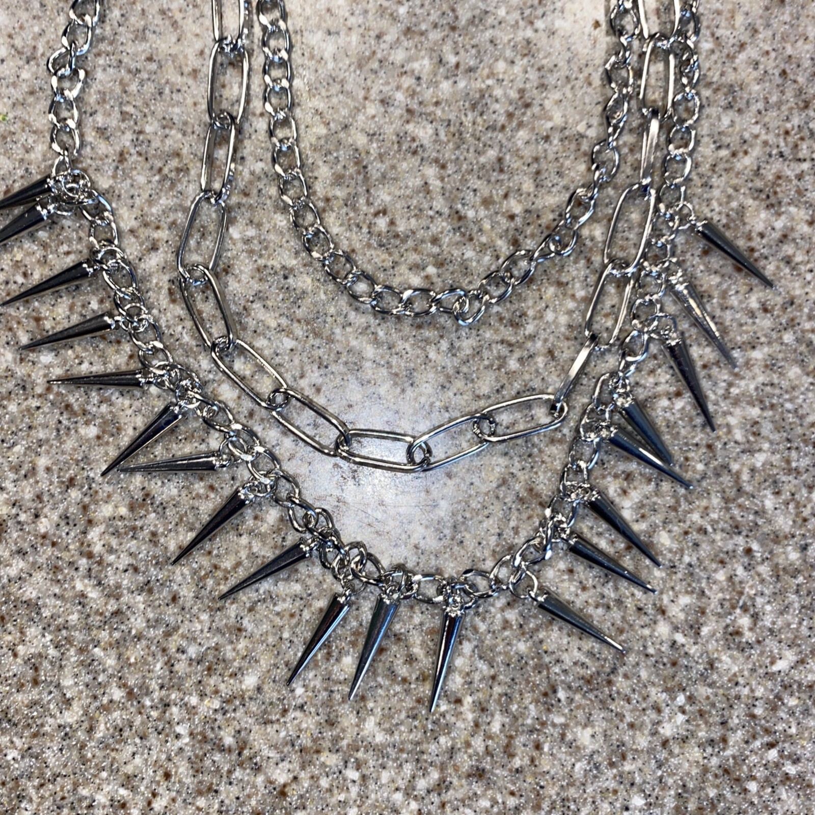 3 Silver Tone Punk Spike Link Chain Necklaces, Metal Link Chain, Lobster Clasp