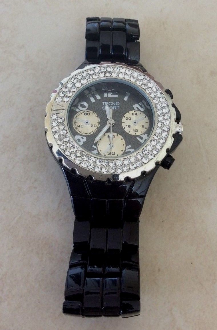Tecno Women’s Black Watch Double Crystal Round Black Dial Designer Style New!
