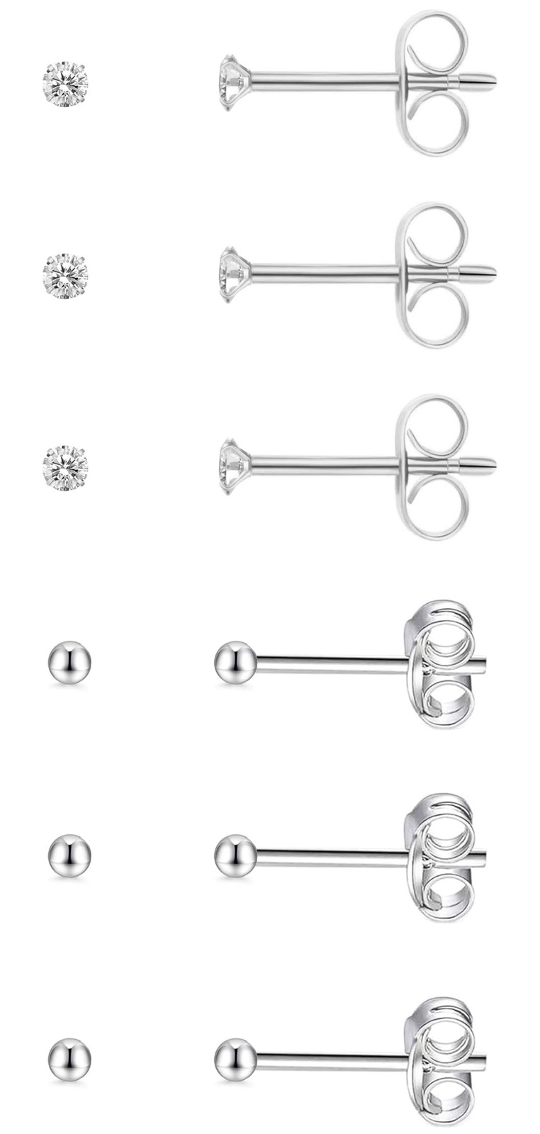 3MM CZ Ball Small Silver Stud Earrings, 20G Hypoallergenic Surgical Steel Tin…
