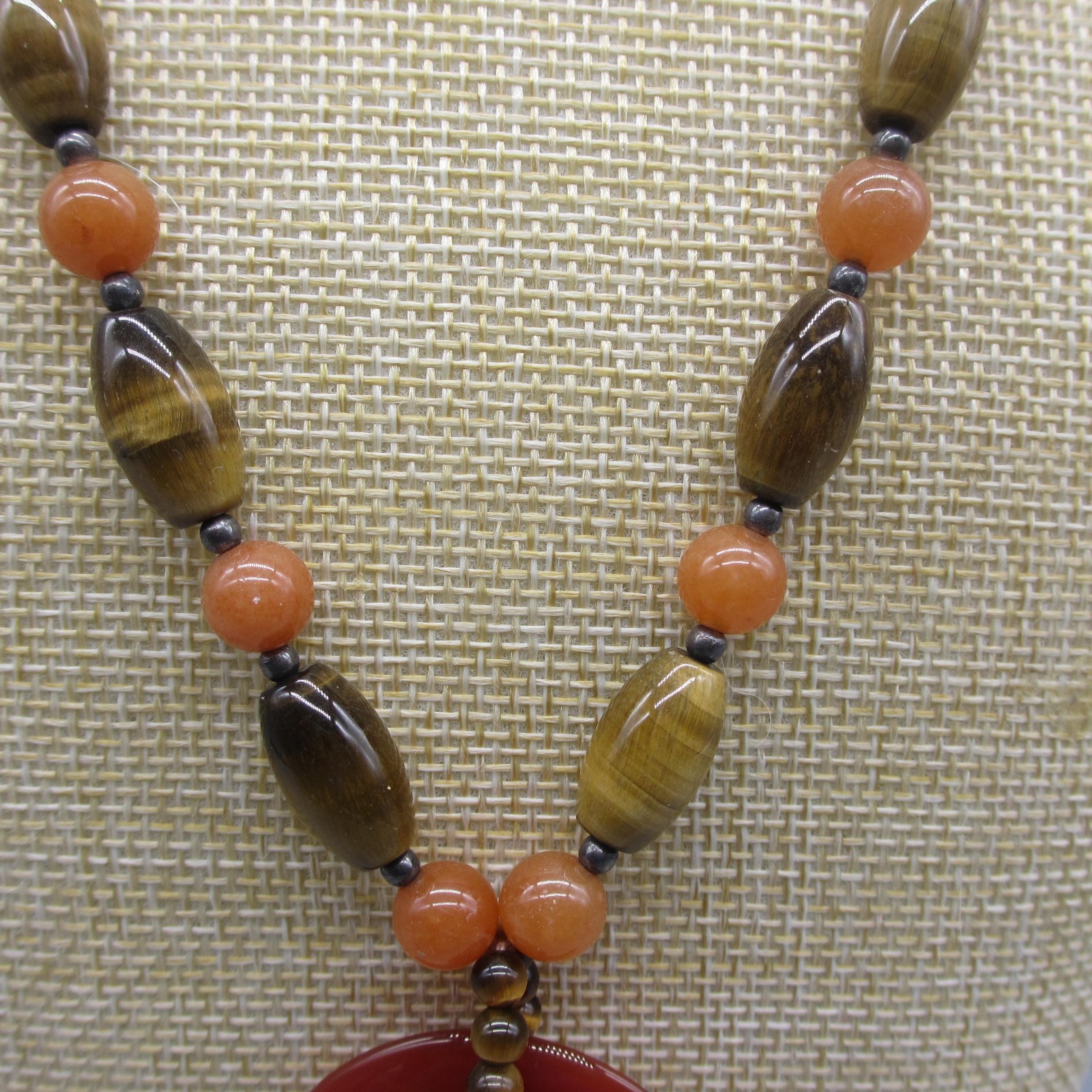 Vintage Boho Necklace Beaded Orange Brown Stone Disk Pendant 20 Inch