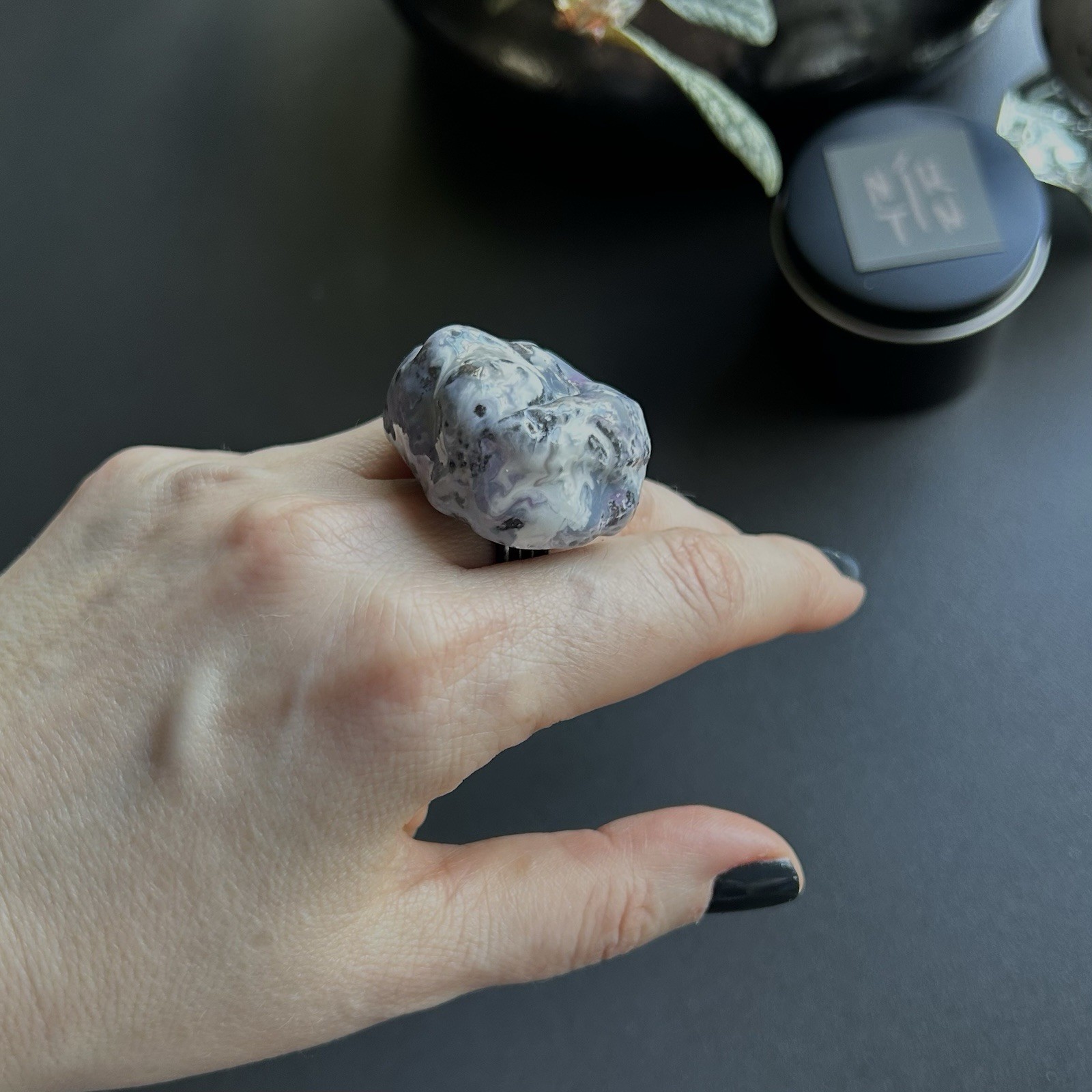 Handcrafted Statement Ring Chunky Resin Black Gray White Asymmetrical Art