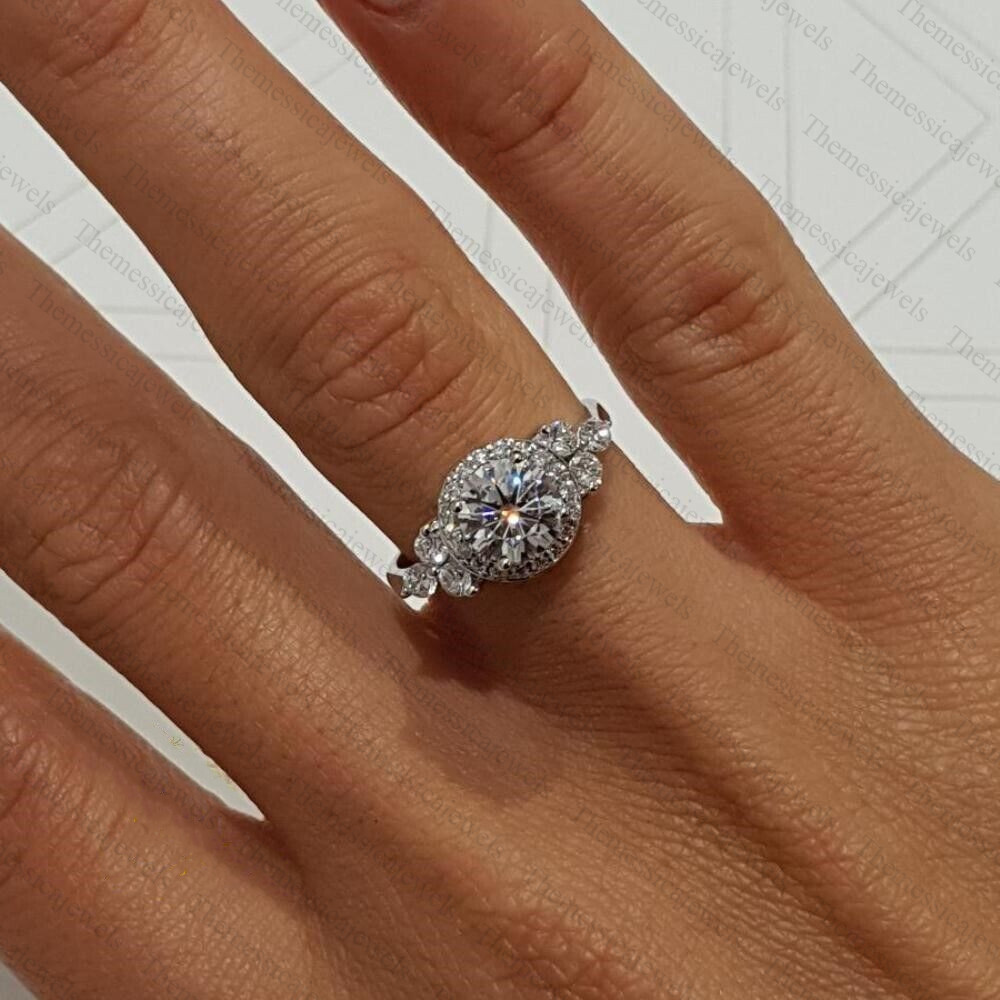 1.8 Carat Round Cut Real Moissanite Halo Engagement Ring 14K White Gold Plated