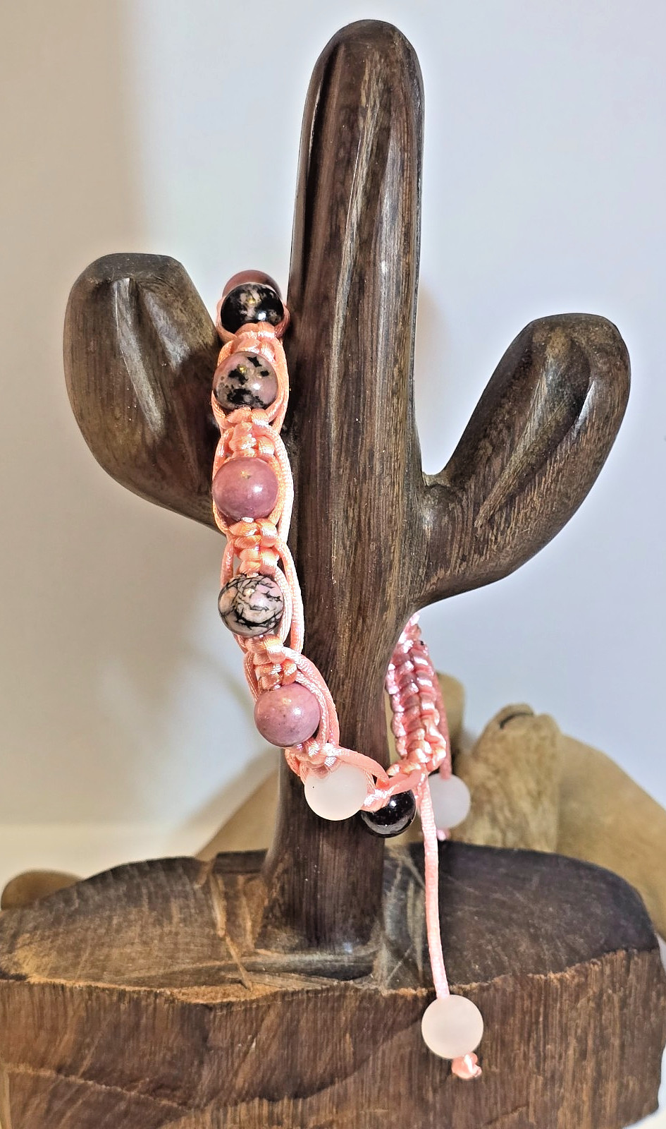 Macrame & Rhodonite, Rose Quartz & Amethyst Gemstone Bead Bracelet