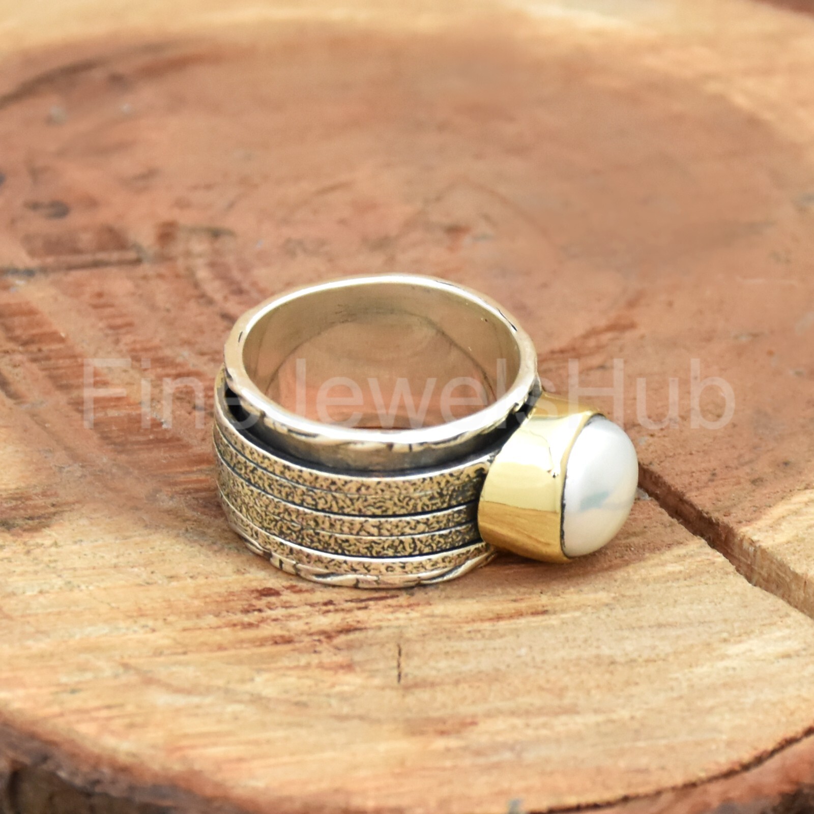 Pearl Silver Spinner Ring, Two Tone Ring, Wide Band Ring, Handmade Women Ring