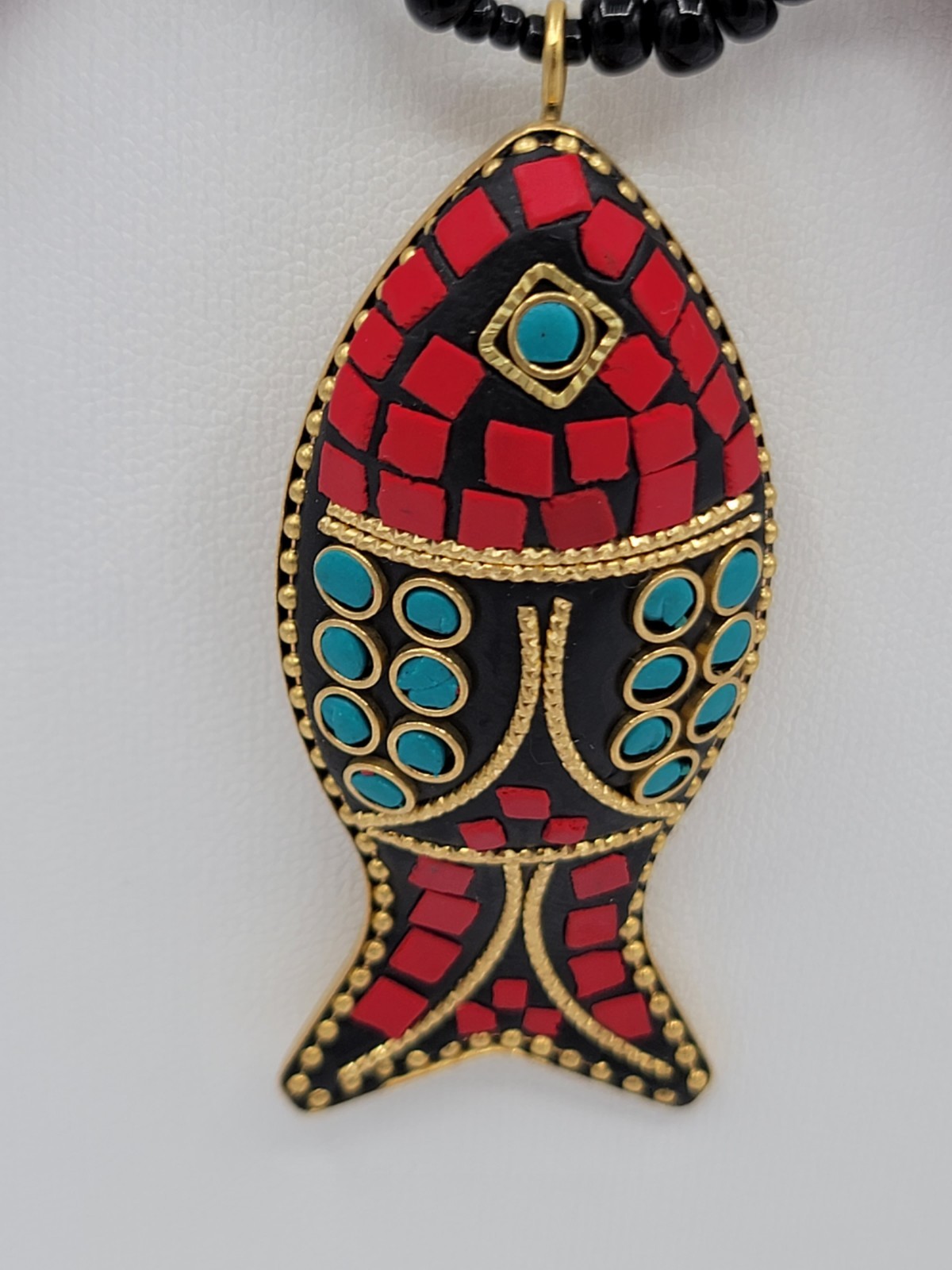 Red Turquoise Black Gold Beaded Necklace Fish Charm Pendant Lobster Clasp