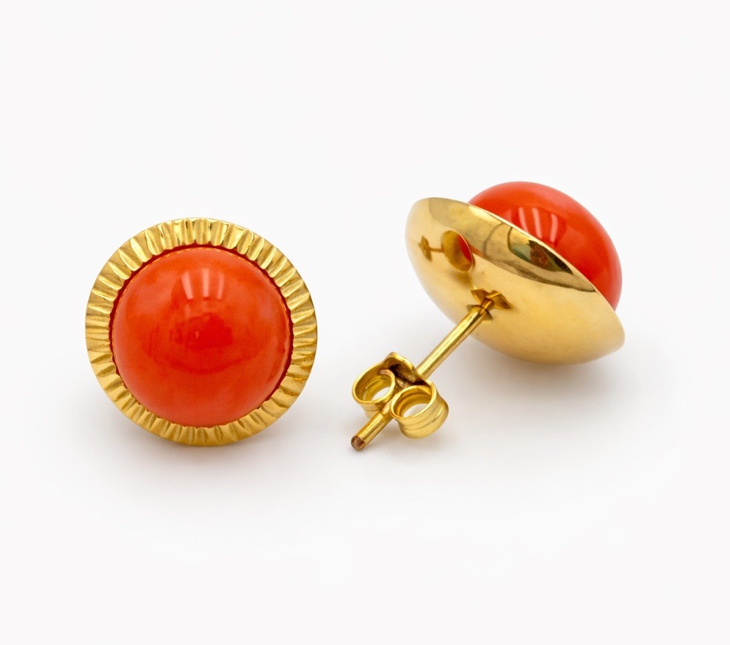 Mediterranean Red Coral Earrings 10mm 18KT Yellow Gold Stud Coral Earrings